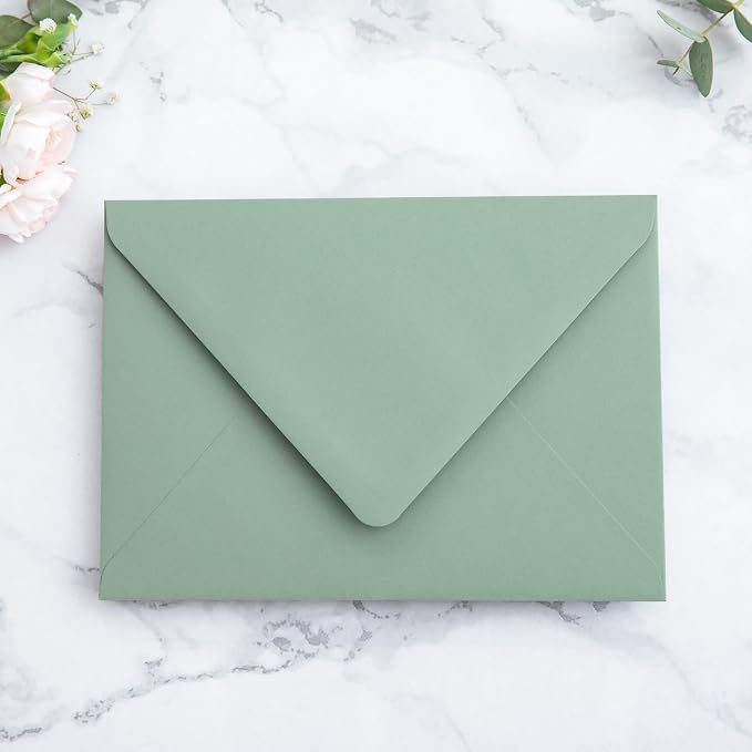 PONATIA 50PCS A7 Euro Flap Envelopes, 5.25 x 7.25'' Liner Envelope For 5x7'' Weddings Invitation Cards, Christmas Gift Cards, Acrylic Invitations, Photos (Sage Green & Green Leaves)