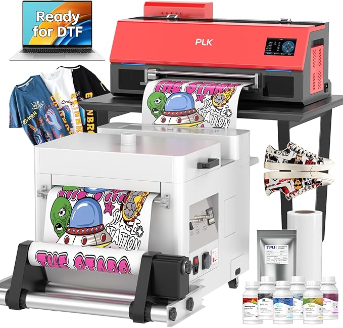 PLK A3 Plus XP600 DTF Printer wtih Shaker Dryer+ Smoke Purifier, Double-Speed Than L1800/L805, 4.5'' Touch Screen, Auto-Clean, Dual White Ink System, Film-Cutter (C13+Shaker+Laptop)