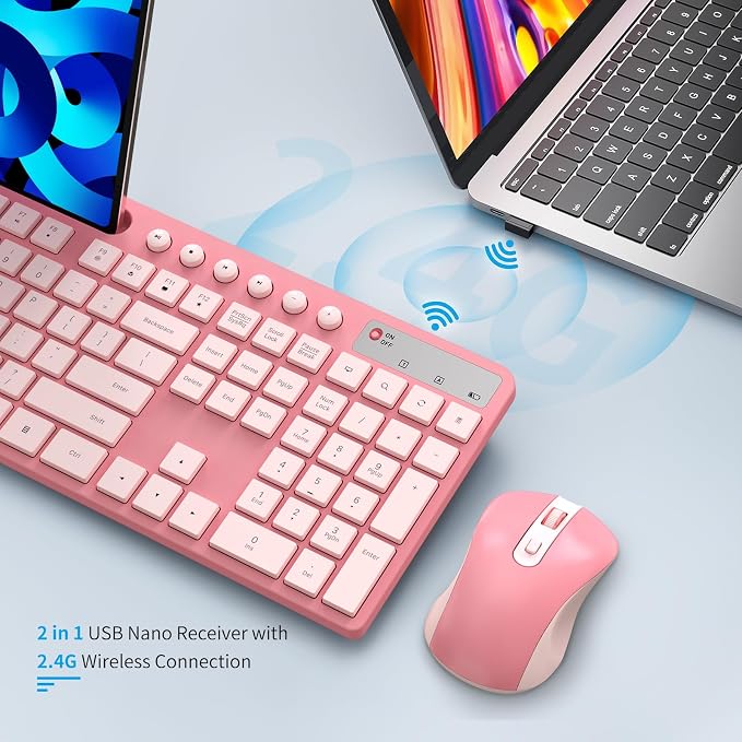 Wireless Keyboard and Mouse Combo, MARVO 2.4G Ergonomic Wireless Computer Keyboard with Phone Tablet Holder, Silent Mouse with 6 Button, Compatible with MacBook, Windows (Sakura Pink)