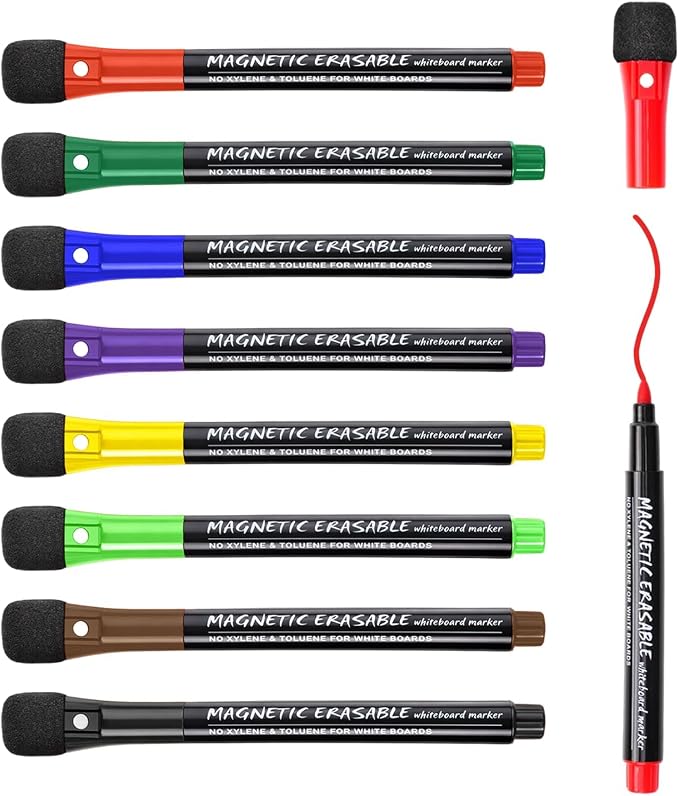 EMART Dry Erase Markers Fine Tip 8 Colors Magnetic White Board Markers | 1-2mm Thin Whiteboard Pens with Eraser Cap Low Odor for School, Classroom, Office, Home, Teacher Must Haves