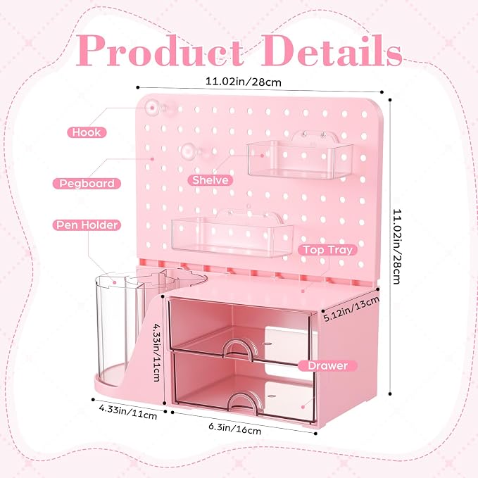 Novabright Desk Organizer with Drawers, Rotating Pen Holder with 5 Slots & Pegboard, Back to School & First Day of School Gifts, Multifunctional Desktop Storage for Desk Home Office Supplies(Pink)