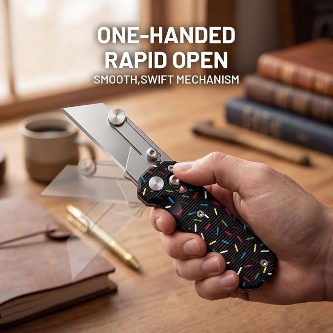 Folding Utility Knife, Pocket Knife, Box cutter Knife with Pocket & Rail Lock, Durable Razor Knife for Home Office Warehouse Everyday Carry, Gift for Men Women（Black Donuts）