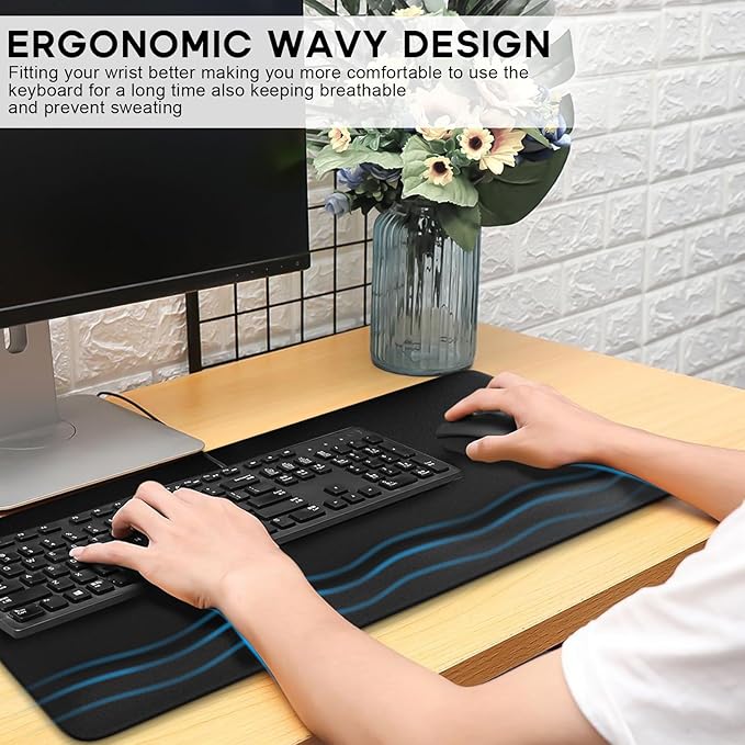 JIKIOU Large Mouse Pad with Wrist Rest, Desk Pad with Built in Wrist Rest, Waterproof Gaming Mouse Pad with Non-Slip Base for Typing Pain Relief Black 29.5x14.9 inch