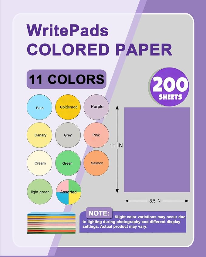 WritePads Veritas Colored Copy Paper, Purple Paper,Colored Printer Paper 8.5” x 11” Letter Size, 20 lb / 75 GSM, Purple, 200 Sheets, For Copy, Printer, Multi-Purpose, Made in USA