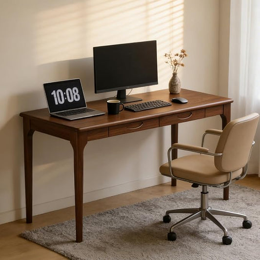 40" Solid Wood Desk with Drawers, Small Home Office Writing Wooden Desk, Gaming & Computer Desk for Bedroom, Work Study Table for Small Space(Walnut,40Inch)
