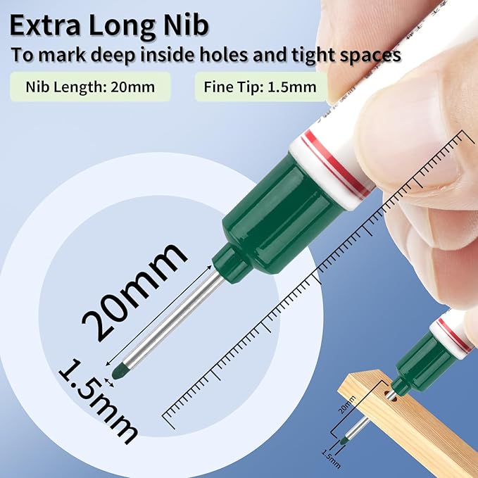 15 Pcs Long Head Deep Hole Marker, 20 mm Long Nose Nib Deep Reach Metal Marking Pen, Quick-drying Waterproof Permanent Pens For Carpenter, Woodworking, Construction (Green)