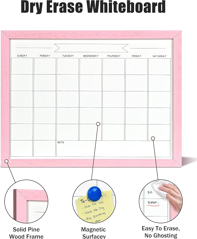 TORASO Dry Erase Monthly Calendar Board, Magnetic Whiteboard for Wall, Office/School/Home, Solid Wood Pink Frame Hanging Board 13"x 17"(YL-Pink-3343-B)