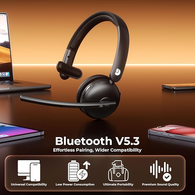 Wireless Headset with Mic for Work, Bluetooth Headset with Mic, AI Noise Cancelling, 65H Battery & Mute Function, Single-Ear Wireless Headset & USB Dongle, Fit for PC/Laptop/Teams/Call Center