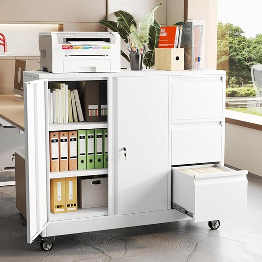 47" H 3 Drawer Rolling Metal File Cabinet,Lateral Filing Storage Cabinets,Office Cabinet with Adjustable Shelf & Wheels, Mobile Lockable File Folders for Hanging Files Letter/A4 Size,White
