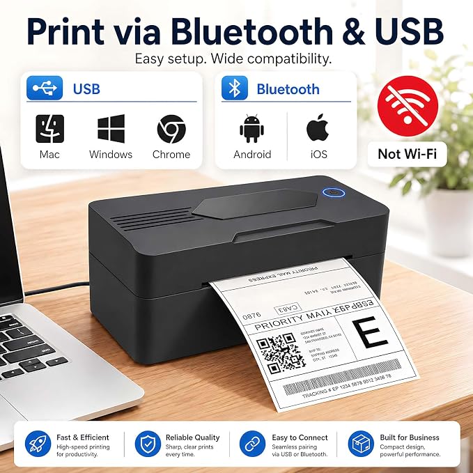 GBNONPLN Bluetooth Thermal Shipping Label Printer, 4x6, Matte Black | Wireless, For Small Business, Compatible with Android, iPhone, Windows & Mac, Widely Used for Amazon, Etsy