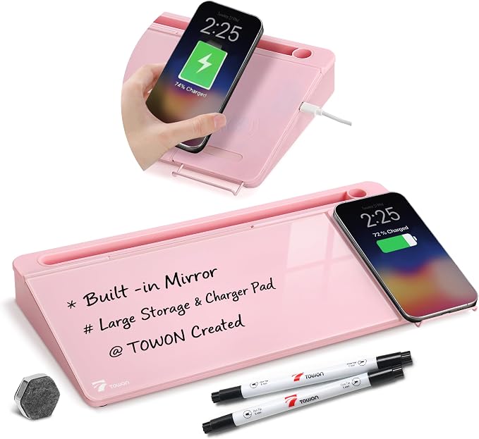 TOWON Glass Desk Whiteboard 17x6 in, Wireless Charger and Storage, Pink | Desktop white board with charging station and mirror. Compact desk organizer with dry erase storage.