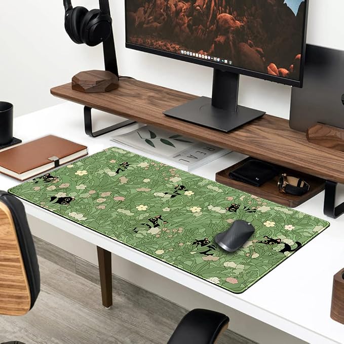 YKJWW Green Desk Mat Cat Cute Flower Plant Cool Desk Pad XXL Keyboard Mat | Desk Mat for Women Office Gamer Home Decor Supplies Desk Accessories Pad Non-Slip Mousepad with Stitched Edge Mat 31.5x15.7in