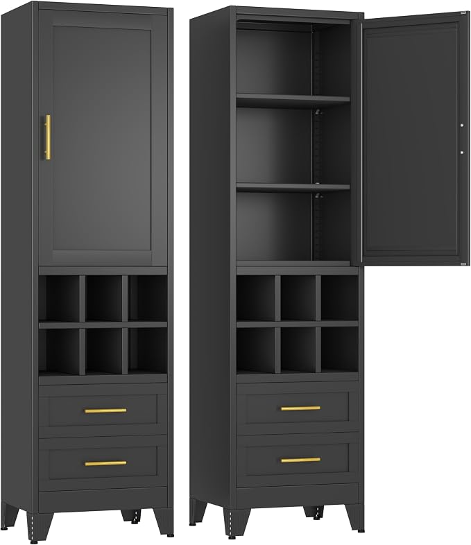 Ckzbx Tall Narrow Storage Cabinet, 66.93" H Tall Bathroom Cabinet Metal Pantry Cabinets with Hollowed-Out, 3 Adjustable Shelves, for Kitchen, Bathroom, Home Office, Living Room (Black)