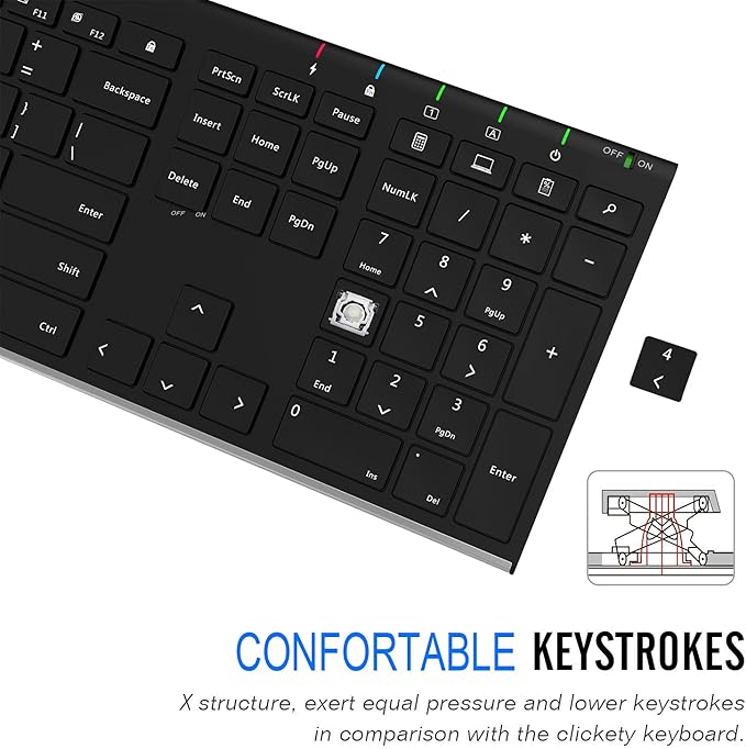ALLIFE 2.4G Wireless Keyboard Stainless Steel Ultra Slim Full Size Keyboard with Numeric Keypad for Computer/Desktop/PC/Laptop/Surface/Smart TV and Windows 10/8/ 7 Built in Rechargeable Battery