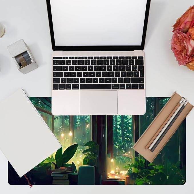 Desk Mat, Window View of Forest Desk Pad, Green Atmosphere Large Gaming Mouse Pad for Desk, 31.5"x15.7" Extended Big Computer Keyboard Mouse Pad with Non-Slip Base and Stitched Edge