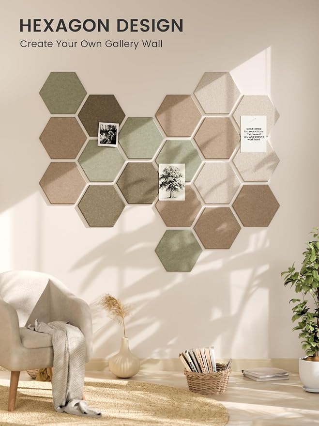 Fluxynara 8-Pack Hexagon Felt Bulletin Board Tiles, Linen Dusk | Cork Board Alternative with 50 Adhesive Tabs for Notes, Photos and Reminders in Home Offices, Dorm and Classrooms