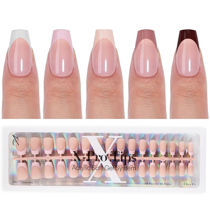 SXC Cosmetics French Tip Press On Nails 150 Pieces in 15 Sizes Ultra Fit with Pre-applied Tip Primer and Base Coat, No Need to File Fake Nails for Nail Art DIY X-Pro Tips (ST119-S Coffin)