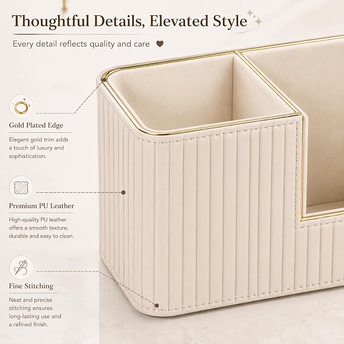 Luxury PU Leather Desk Organizer for Office Accessories, Aesthetic Pen Holder for Desk, Modern Desktop Storage Organizer for Women Home Office Supplies, Beige with Gold Trim