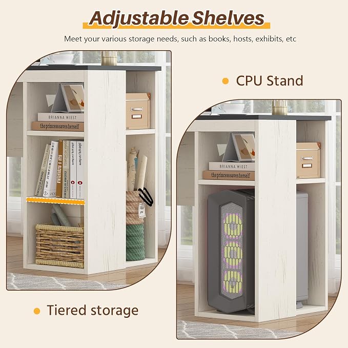 63" Farmhouse L Shaped Desk with Drawers & Storage Shelves for Home Office | Corner Desk with Outlets & LED Lights, L-Shaped Office Desks with File Drawer, Printer Shelf, Monitor Stand, Black & White