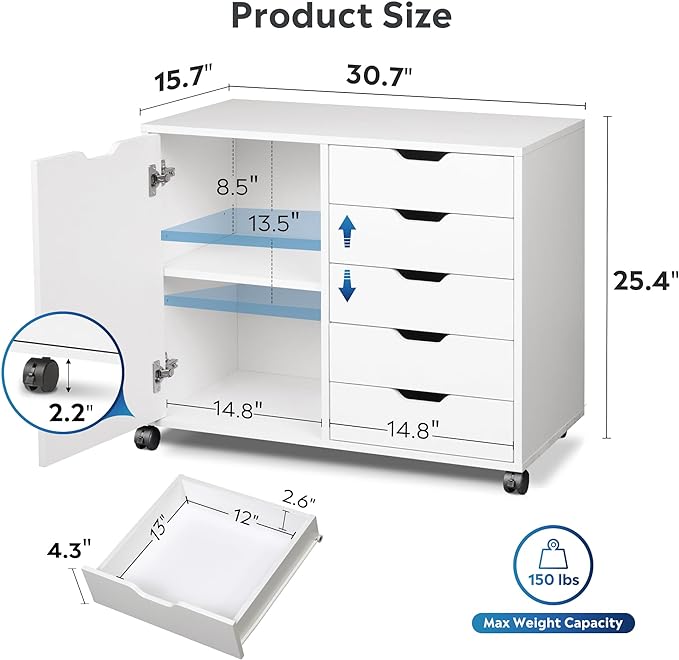DEVAISE 5-Drawer Wood Drawer Cabinet, Office Storage Cabinet, White | Craft Storage Cabinet, Under Desk Drawer, Rolling Cart Furniture, Adjustable Shelf & Wheels, Printer Stand, Home Office