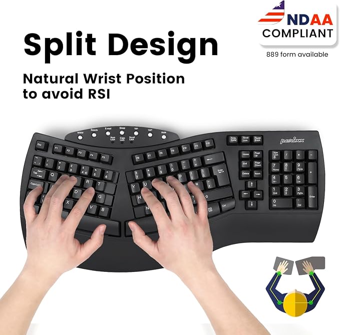 Perixx Periboard-612B Wireless Ergonomic Split Keyboard with Dual Mode 2.4G and Bluetooth Feature, Compatible with Windows 11 and Mac OS X System, Black, US English Layout