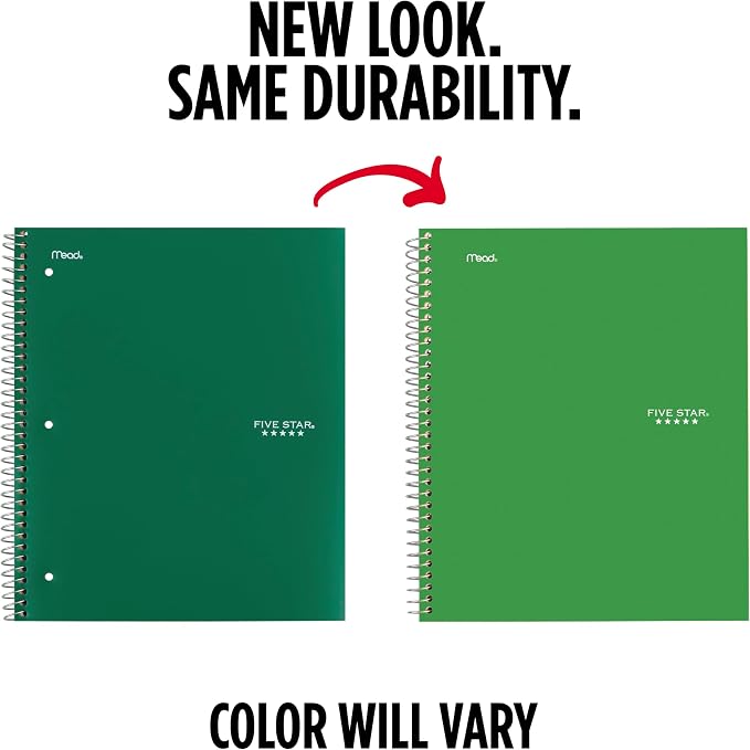 Five Star Spiral Notebook + Study App, 5 Subject, College Ruled Paper, 8.5" x 11", 200 Sheets, Green (Color May Vary) (72079)
