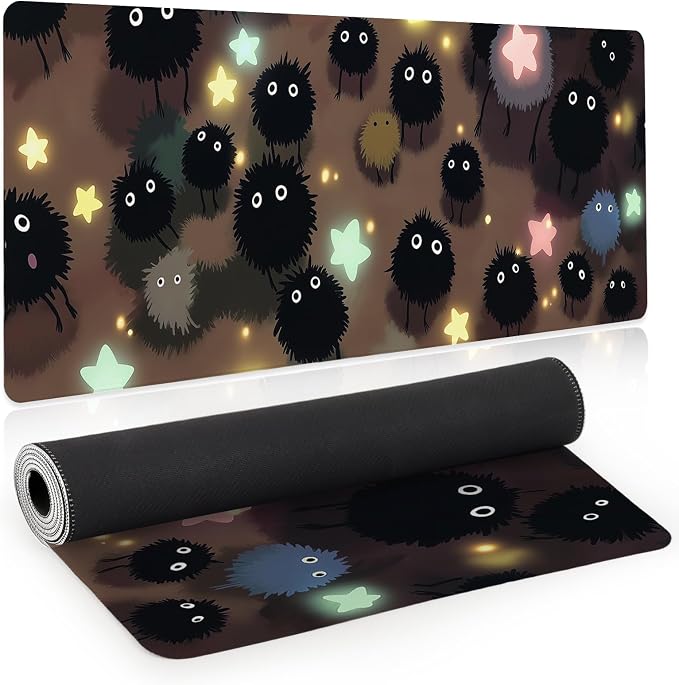 Gaming Mouse Pad, Large Mousepad XL Extended, Desk Mat, Computer Keyboard Mat, Non-Slip Stitched Edges Rubber Base, Home&Office, 31.5x11.8in, Japanese Anime Cute Black Dust Fairy Design