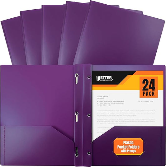 Better Office Products Purple Plastic 2 Pocket Folders with Prongs, Heavyweight, Letter Size Poly Folders, 24 Pack, with 3 Metal Prongs Fastener Clips, Purple