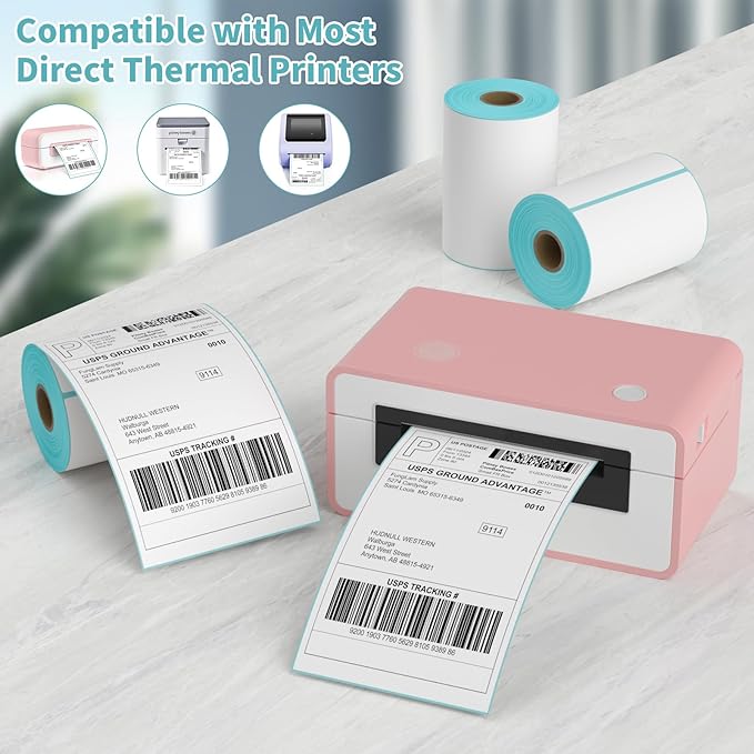 FungLam 2 Rolls 4x6 Direct Thermal Printer Labels 500 Shipping Labels Compatible with Zebra, Rollo Label Printer, Peforated Postage Thermal Labels, Permanent Adhesive, 250 Labels/Roll
