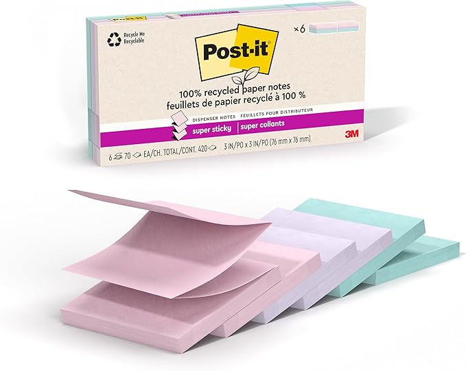 Post-it Super Sticky 100% Recycled Pop-up Notes, 3 in. x 3 in. Wanderlust Collection, New Year Organization or Second Semester School Supplies, 70 Sheets, 6 Pads (Pack of 12)