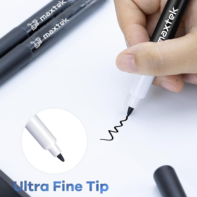 maxtek Black Dry Erase Markers, 0.7mm Ultra Fine Tip, 12 Count | Low Odor Extra Fine Whiteboard Markers for Planning Boards, Calendars and Small Whiteboard Notes