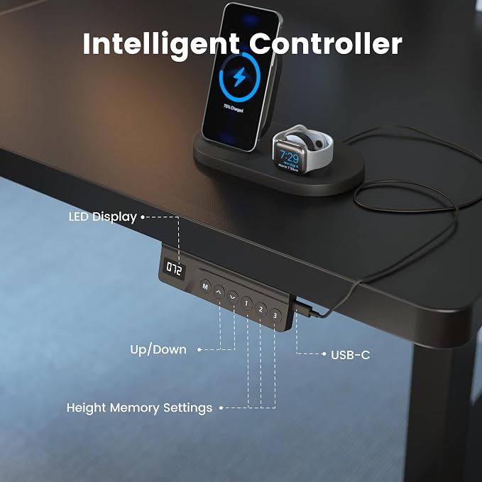 FEZIBO Standing Desk 63 × 37 Inch Electric Height Adjustable, Black | 1" Thick Large Adjustable Desk with Integrated Dual-Beam, Cable Management, Computer Desk for Home Office Workstation