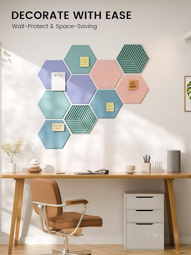 Fluxynara 10-Pack Hexagon Cork Board Alternative, Coastal Haze | Felt Bulletin Board with 50 Adhesive Tabs, Ideal for Vision Boards and Wall Decor in Homes, Offices, Classrooms, and Dorms