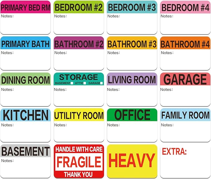 600 Count 3 x 2 Large Home Moving Packing Box Labels for 3-4 Bedroom House with Writable Notes Areas, 17 Color Coded Moving Labels for Boxes + Fragile Moving Stickers + Heavy and Blank Labels
