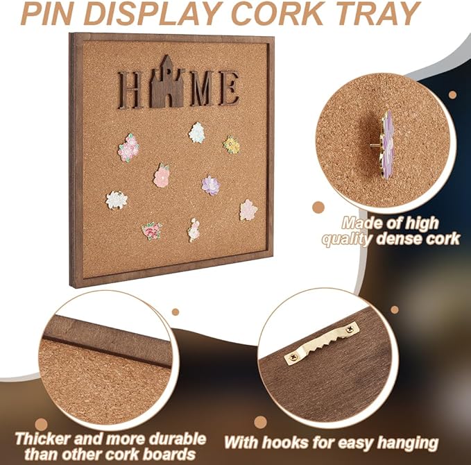 BENECREAT Square Home Word Pin Board Cork Board, 11.8x11.8inch Bulletin Display Board Wall Mounted Cork Board with Saddle Brown Frame for Brooch Pin Storage Display, Office Home Decor