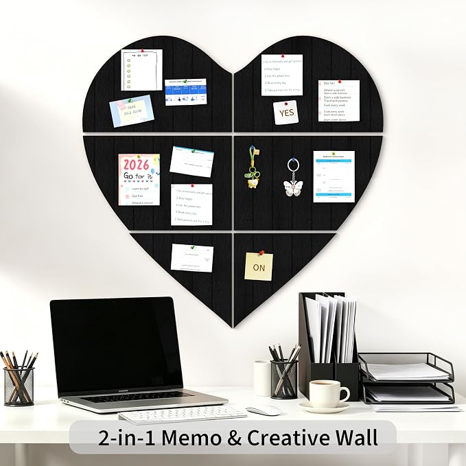 Heart Shaped Felt Bulletin Board 29"x29", 6 Tiles Wall Decor, Black | Photo Display Memo Board for Office Home, Felt Pin Board with Adhesive Tiles and Pins for Notes, Photos and Artwork