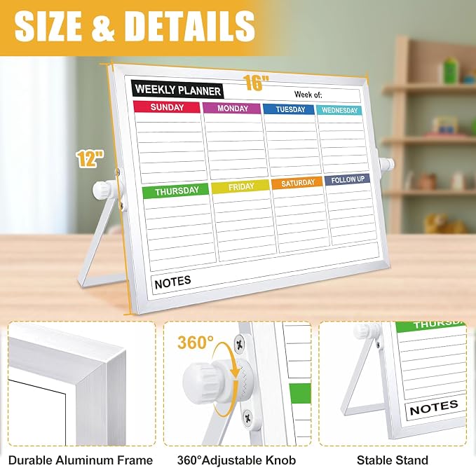 Weekly Calendar Whiteboard, Small Desk White Board, Dry Erase Board | 16" x 12" Weekly Planner Dry Erase Board with Stand, Desktop Small White Dry Erase Board for Home, School, Office