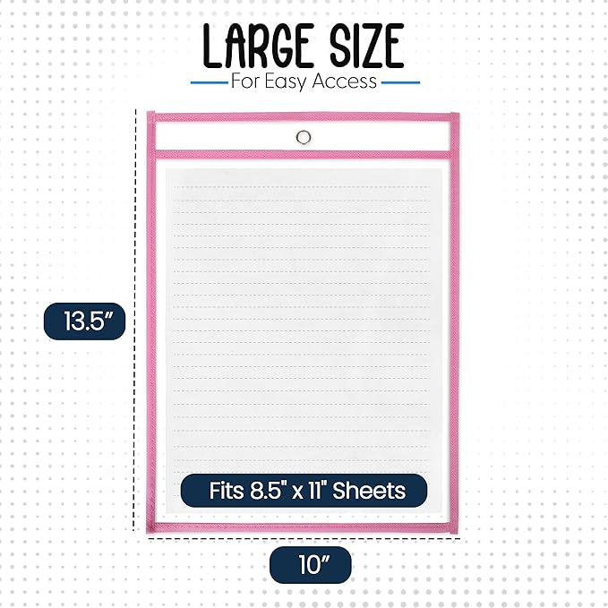 Essex Wares - 6 Pack, Pink, Dry Erase Pocket Document Protectors, 10" Wide x 13.5" Tall - Dry Erase Clear Plastic Sleeves - Reusable & Easy Erase Plastic Invoice Holders, Water-Resistant & Durable