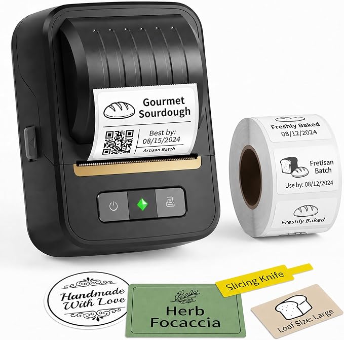 Label Maker Machine with Tape, Bluetooth 2 Inch Thermal Label Printer | Bluetooth Portable Inkless Sticker Printer for Small Business, Home, School & Office Organization, Includes 1 Label Roll