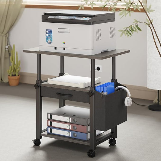 YAOHUOO 22"x15" Large Printer Stand with Drawer, 3-Tier Rolling Table Cart | Storage Drawer and Side Bag,Height Adjustable Cart,Fit printer/fax/3d/scanner,4 lock wheels or feet,Gray