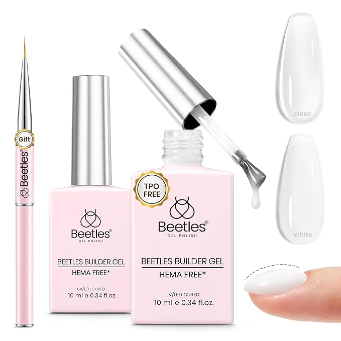Beetles Builder Gel for Nails 2Pcs, 7 in 1 Clear & Jelly White Building Gel Set HEMA-FREE&TPO FREE with Nail Brush, for Strengthening Natural Nail Apex & Extension DIY Salon at Home,UV LED Lamp Cured