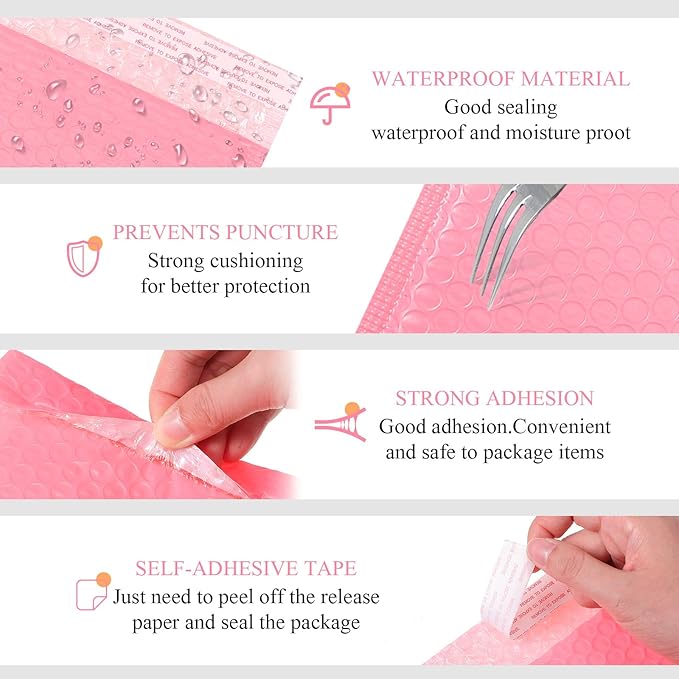 100 Pcs Kraft Bubble Mailers 3 Size Padded Envelopes Kraft Poly Mailers Bubble Lined Shipping Envelopes Mail Shipping Bags for CDs Book Business Supplies (Pink)