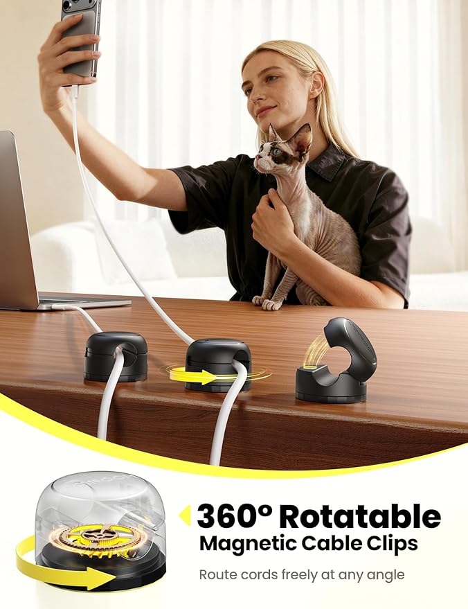 JOYROOM 8 Pack Magnetic Cable Clips, 360° Swivel Cord Organizer Wire Holder | Strong Adhesive Rotatable Cable Management Accessories for Home Nightstand Phone Charger Car Wall Office Desk Organization