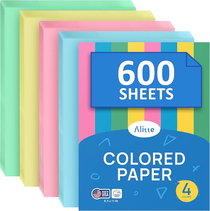 Alitte Colored Paper 8.5 x 11 - Copy Paper, 600-Pack Letter Size for Printer, Arts & Crafts, DIY Projects - Pink, Green, Blue, Yellow - School & Office Supplies - 150 Sheets Per Color