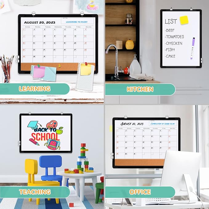 Monthly Calendar Whiteboard for Wall, Dry Erase Board with Cork Board Combo | 17"x13" Small Magnetic White Board, Double-Sided Hanging Board for Office Home, Portable Board for Planner Memo, Black
