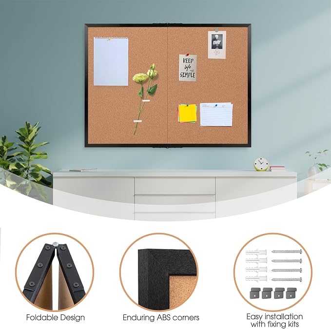 Cork Board Bulletin Board 36 x 48, Black Wood Framed 4x3 Corkboard, Foldable Office Board for Wall Decor, Large Wall Mounted Notice Pin Board with 36 Push Pins for School, Home & Office