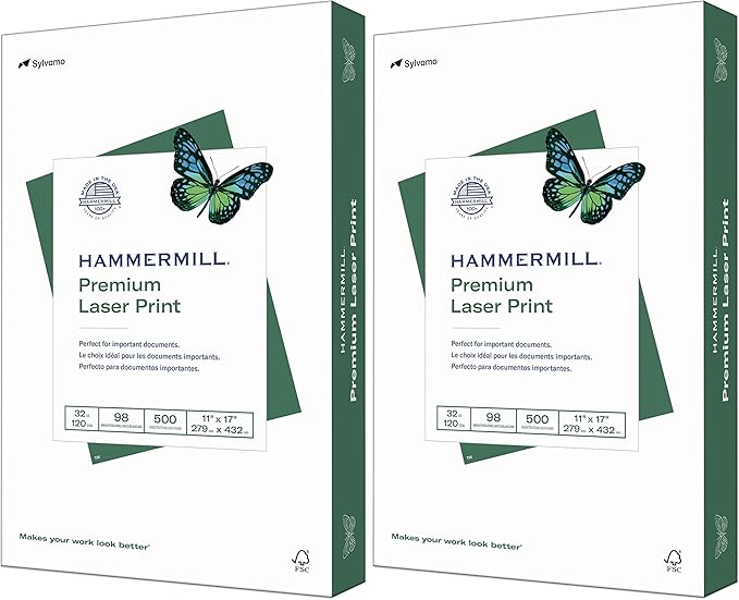 Hammermill Printer Paper, Premium Laser Print 32 lb, 11 x 17-1 Ream (500 Sheets) - 98 Bright, Made in the USA, 104653R (Pack of 2)