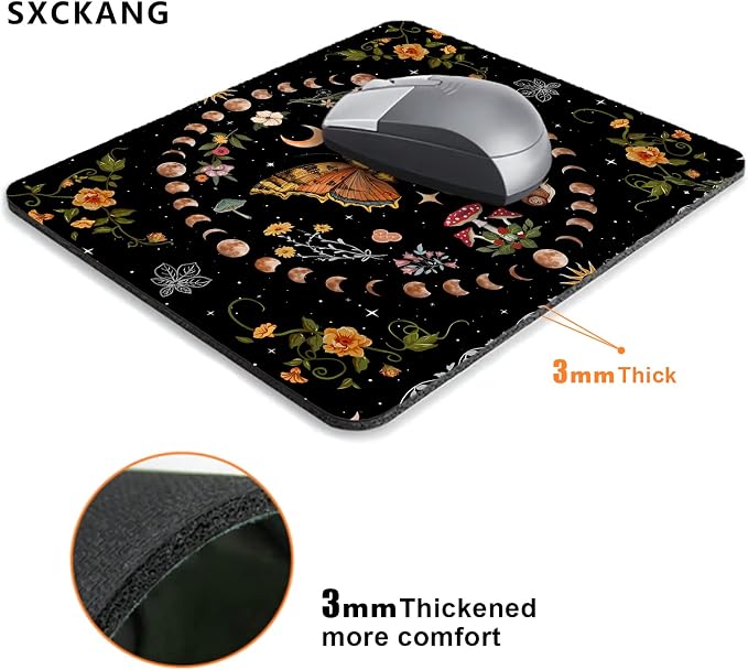 Moth Mouse Pad, Mushroom Moon Phase Mousepad, Boho Flowers and Leaves Computer Small Cute Mouse Pad, Washable Cloth Non-Slip Rubber Base Mouse Mat for Office, Orange and Black
