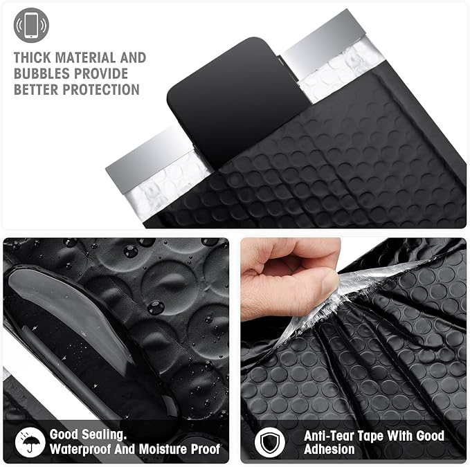 METRONIC Bubble Mailers 6x10" Padded Envelopes Black 300 Pack Waterproof | Usable Size 6x9",Shipping Bags,Self-Seal Small Cushioning for Jewelry Makeup Supplies,Packaging Bulk,Tear-Resistant Opaque