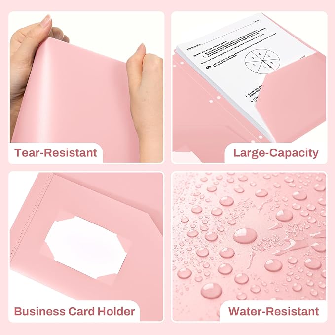 SUNEE 3 Hole Pocket Folders (1 Pack, Pink), Plastic Pocket Folders for 3 Ring Binder, 3-Hole Punched Folder with Pockets, for Kids, Students, Teachers, Office Staff